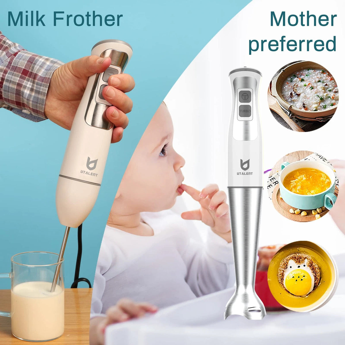 Immersion Hand Blender, UTALENT 3-in-1 8-Speed Stick Blender Compact, White