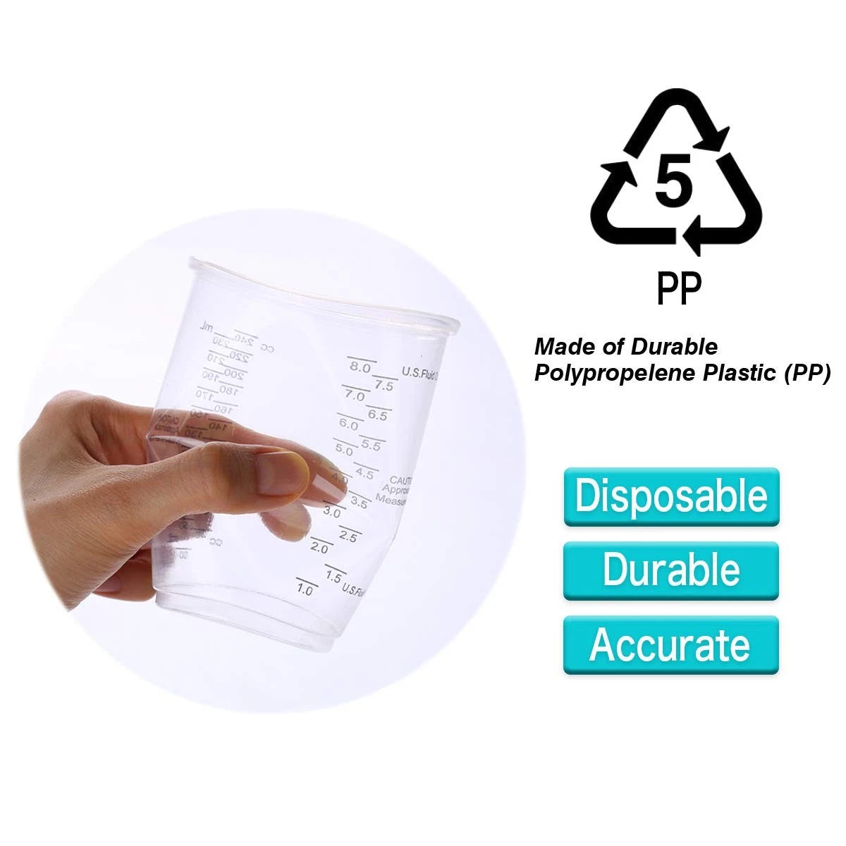 XUXU 100pcs 8oz Graduated Clear Plastic Measuring Cups 5.9" X 0.39", Brown-b