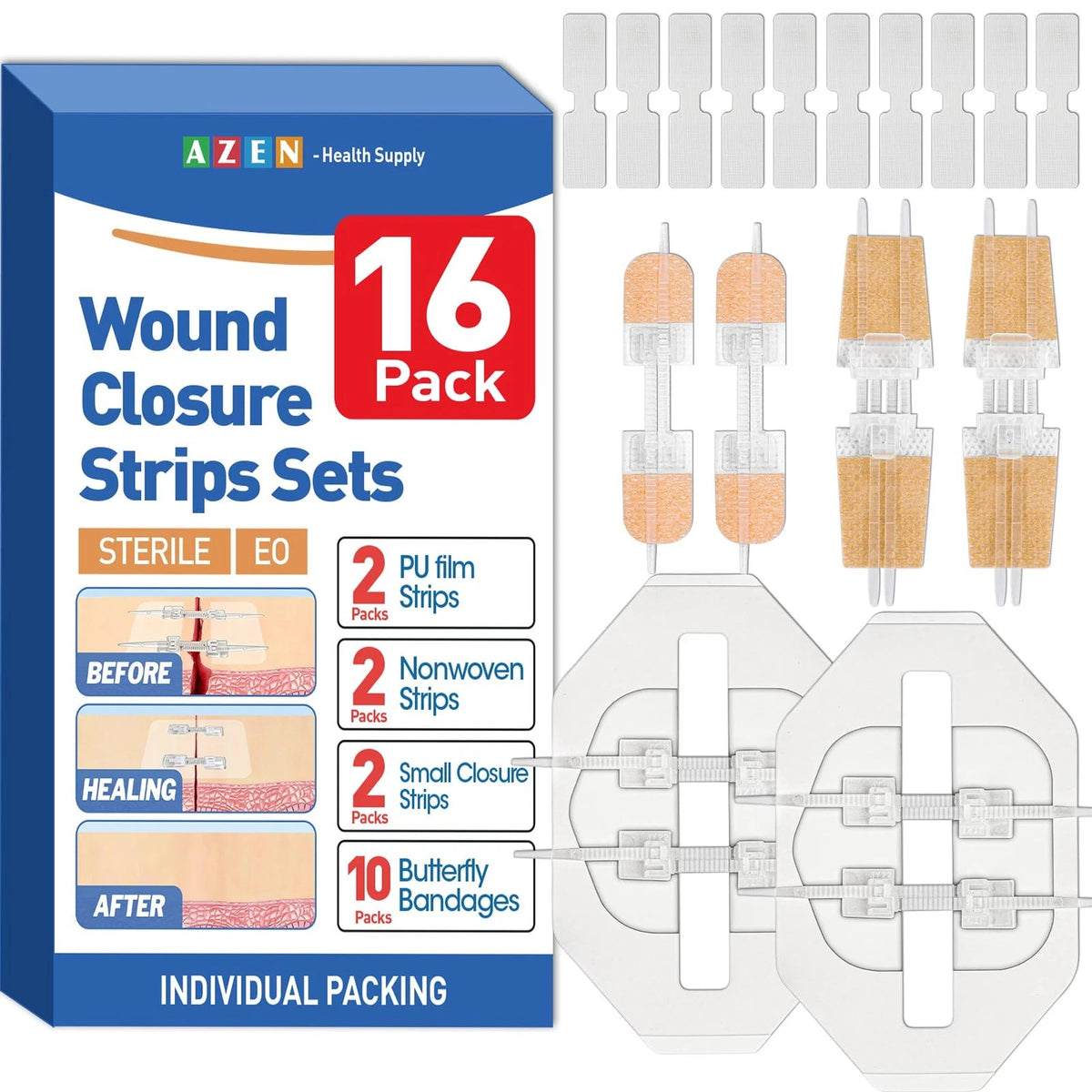 AZEN 16 Pack Wound Closure Strips, 4 Types Butterfly 16P (Mix), 4mix