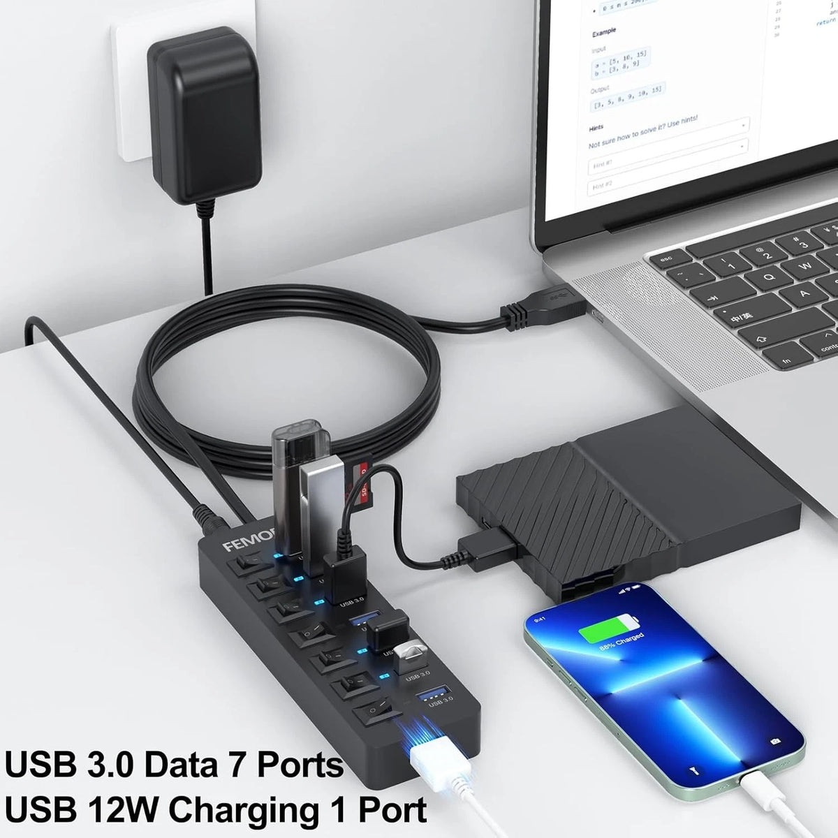 Powered USB Hub 3.0, 5Gbps Data Transfer 7 1 Pack, 7 3.0 +1 Charging