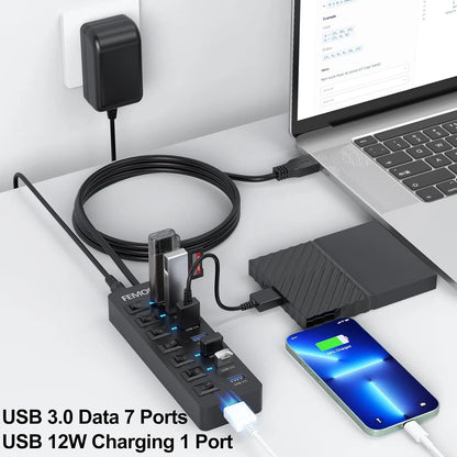 Powered USB Hub 3.0, 5Gbps Data Transfer 7 1 Pack, 7 3.0 +1 Charging