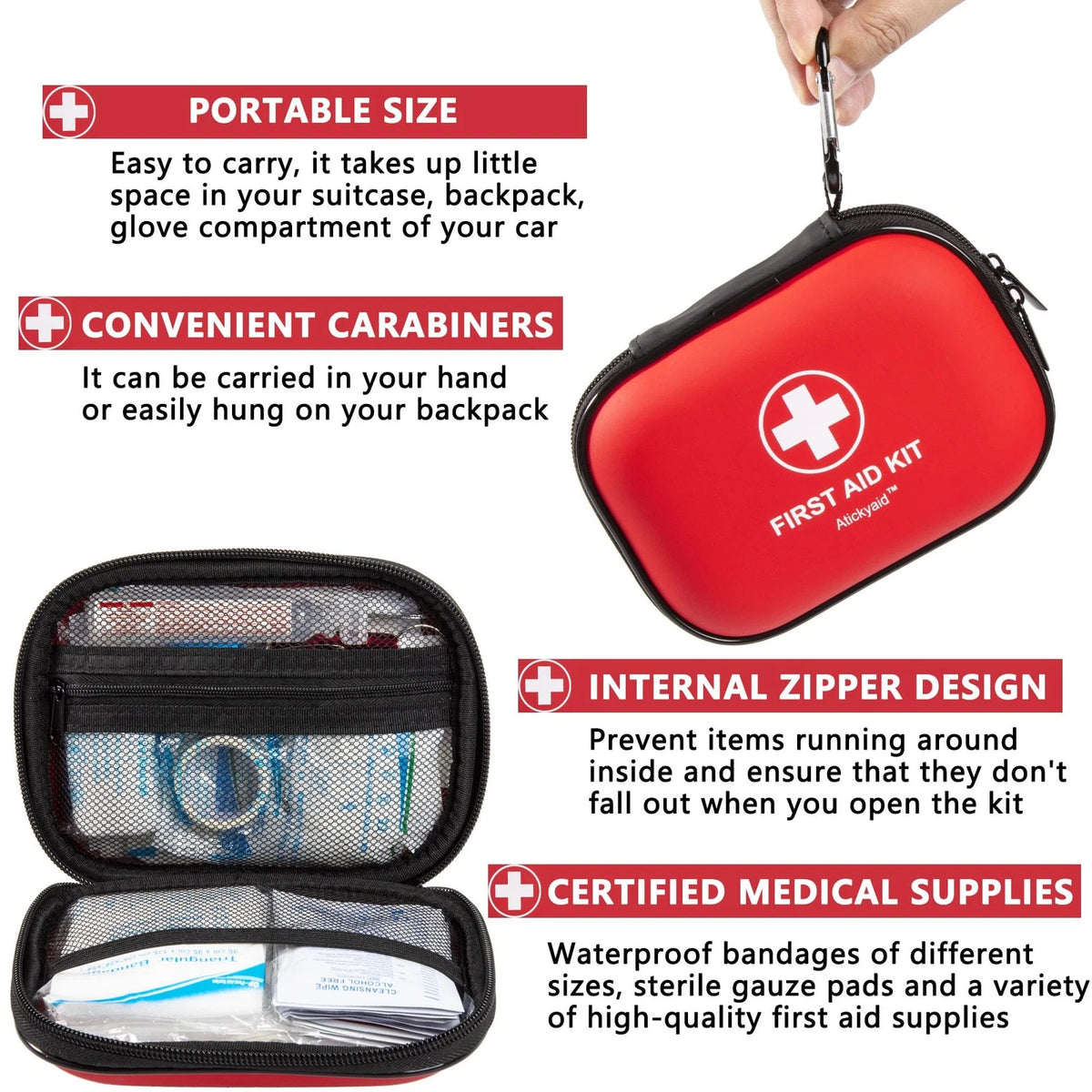 Mini First Aid Kit - 120 Piece Small Waterproof Hard Shell 120 Pieces, Red