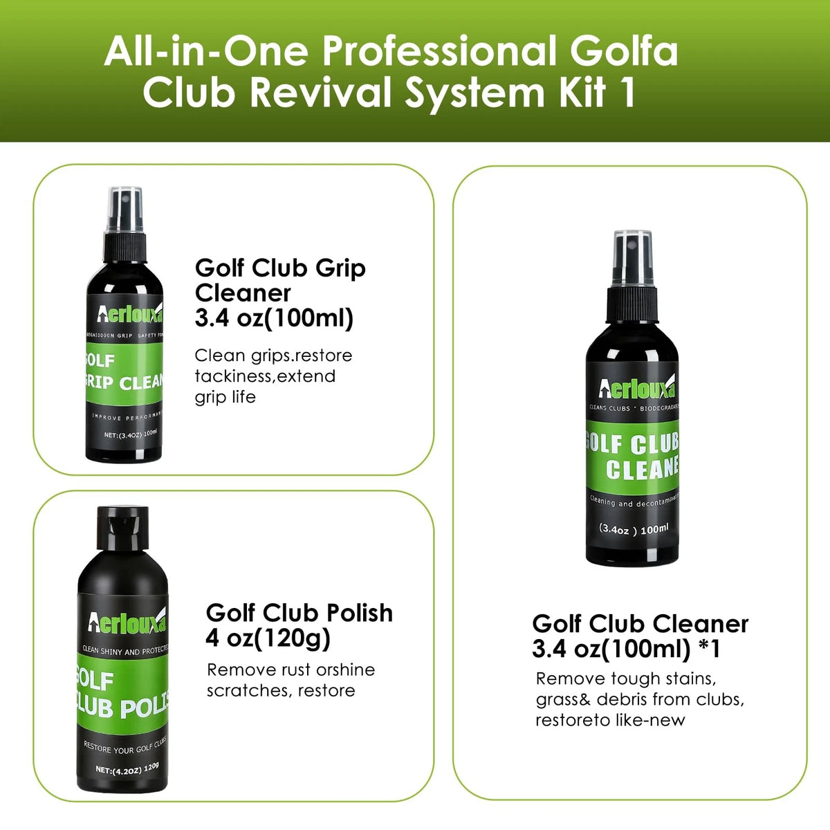 Aerlouxa 6-in-1 Golf Club Cleaning Kit - Cleaner, Grip Black