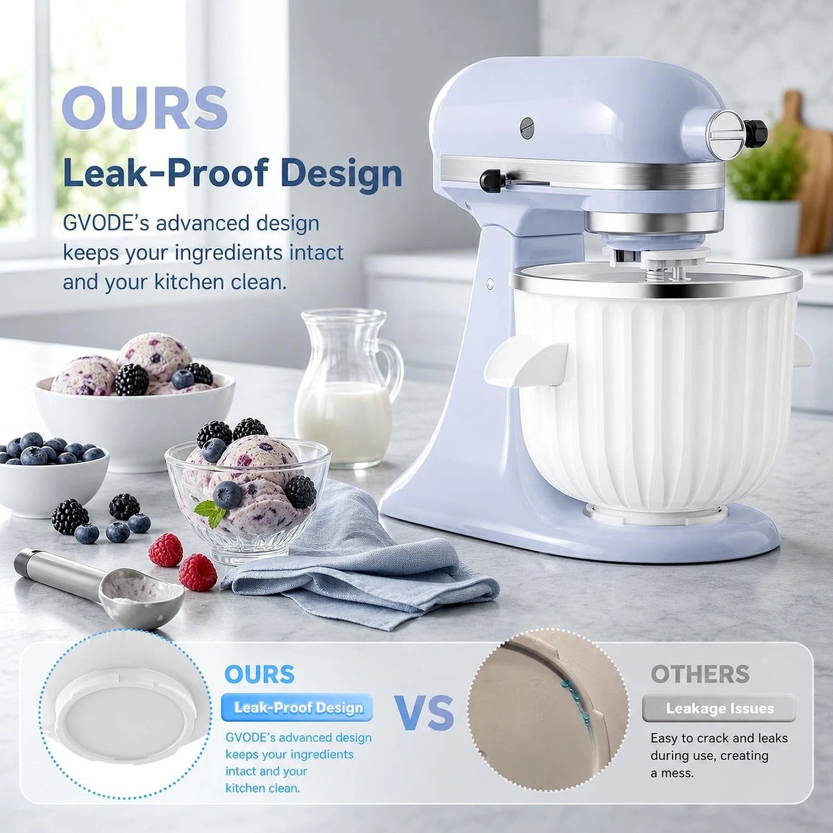 GVODE Ice Cream Maker Attachment for KitchenAid Stand Mixers 2-Quart, White
