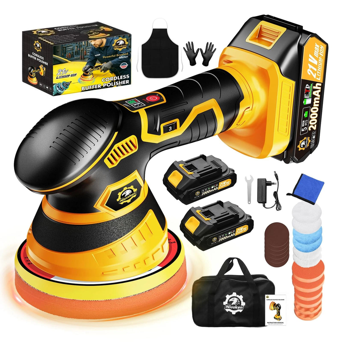 Niusken Cordless Car Buffer Polisher kit, DA with 2*21V 21V, Yellow