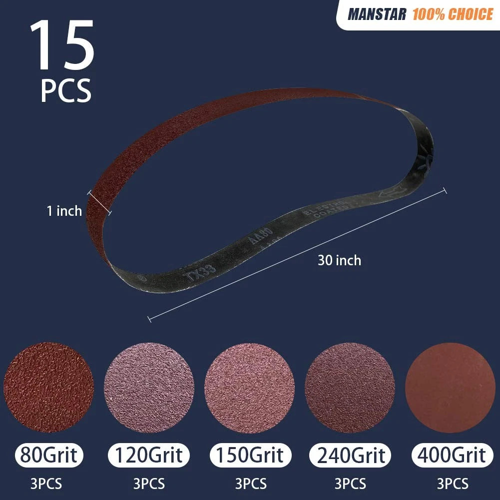 15 Pcs 1 x 30 Inch Assorted Aluminum Oxide Sanding 1x30(15pcs), Brown