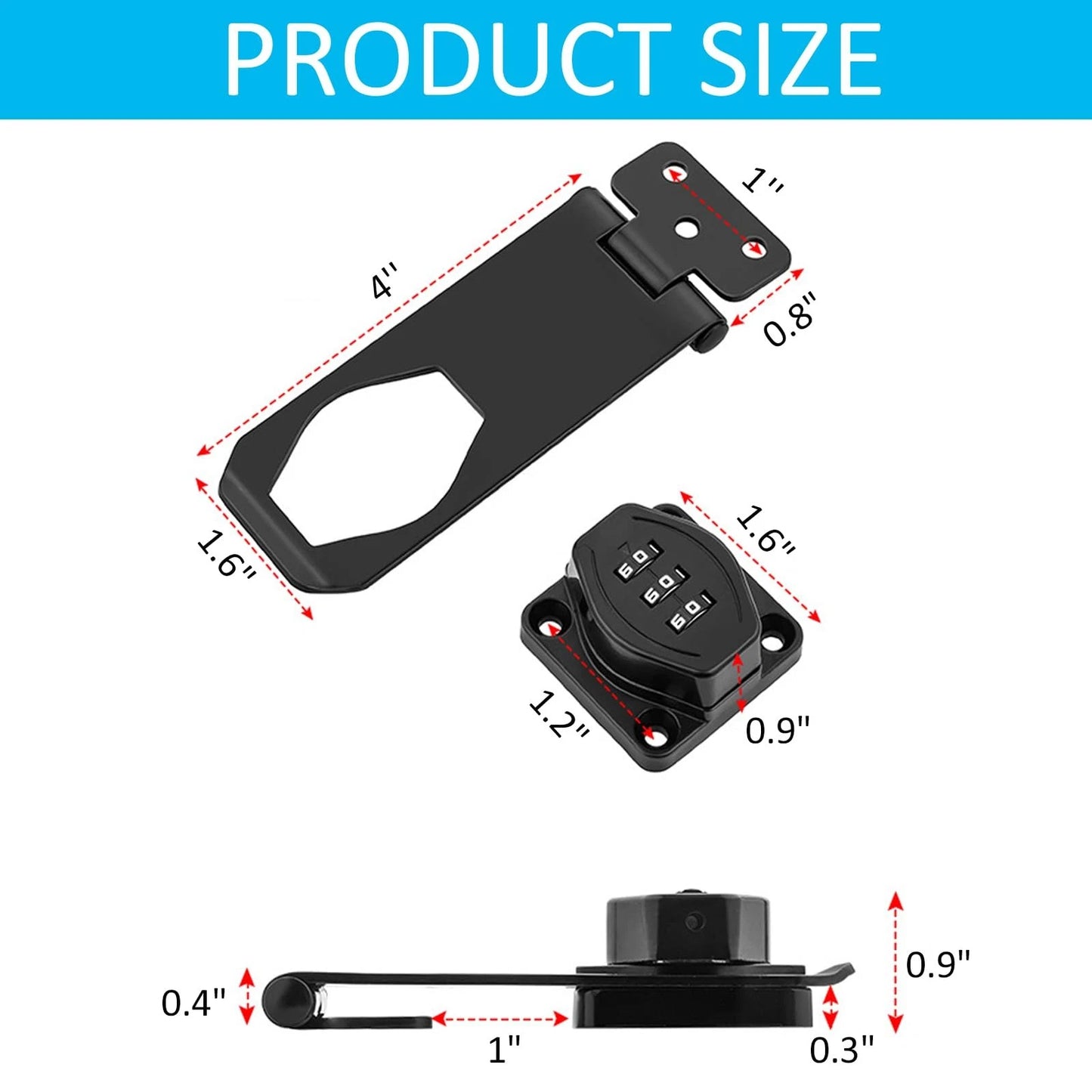 Mechanical Password Rotary Hasp Locks, 3 Digit Keyless Combination Lock Black