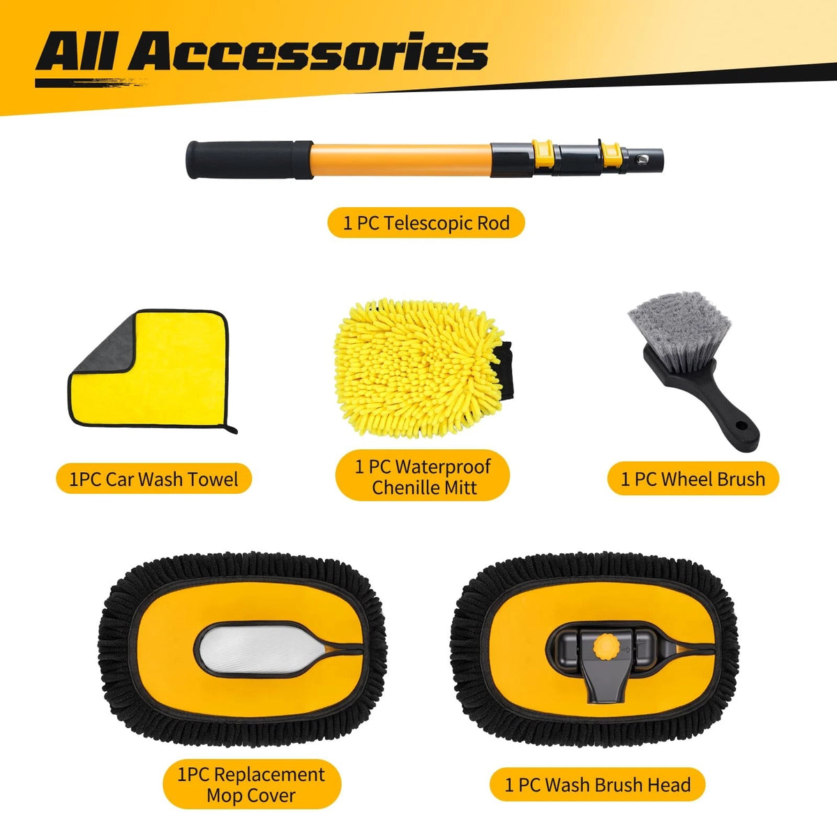 Ordenado 15° Curved Car Wash Brush with Long Handle, 22.8", Black and Yellow