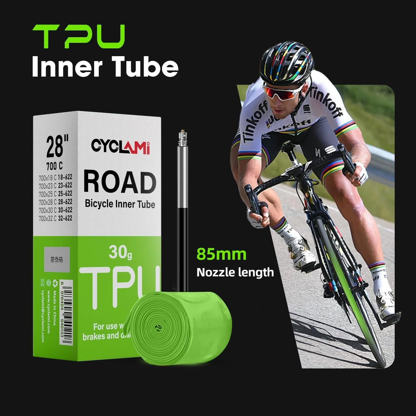 CYCLAMI 1-Pack TPU Inner Tubes 700cx18-32cInner Ultralight 700c, green