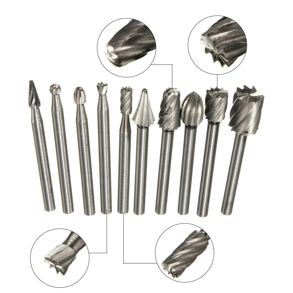 10Pack 1/8in Shank HSS Rotary Burr File Rasp Drill Bits For Wood Stone Carving