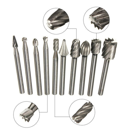 10Pack 1/8in Shank HSS Rotary Burr File Rasp Drill Bits For Wood Stone Carving