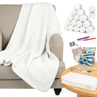 Aeelike Crochet Blanket Kit for Beginners, Easy Soft Kit, Pure White