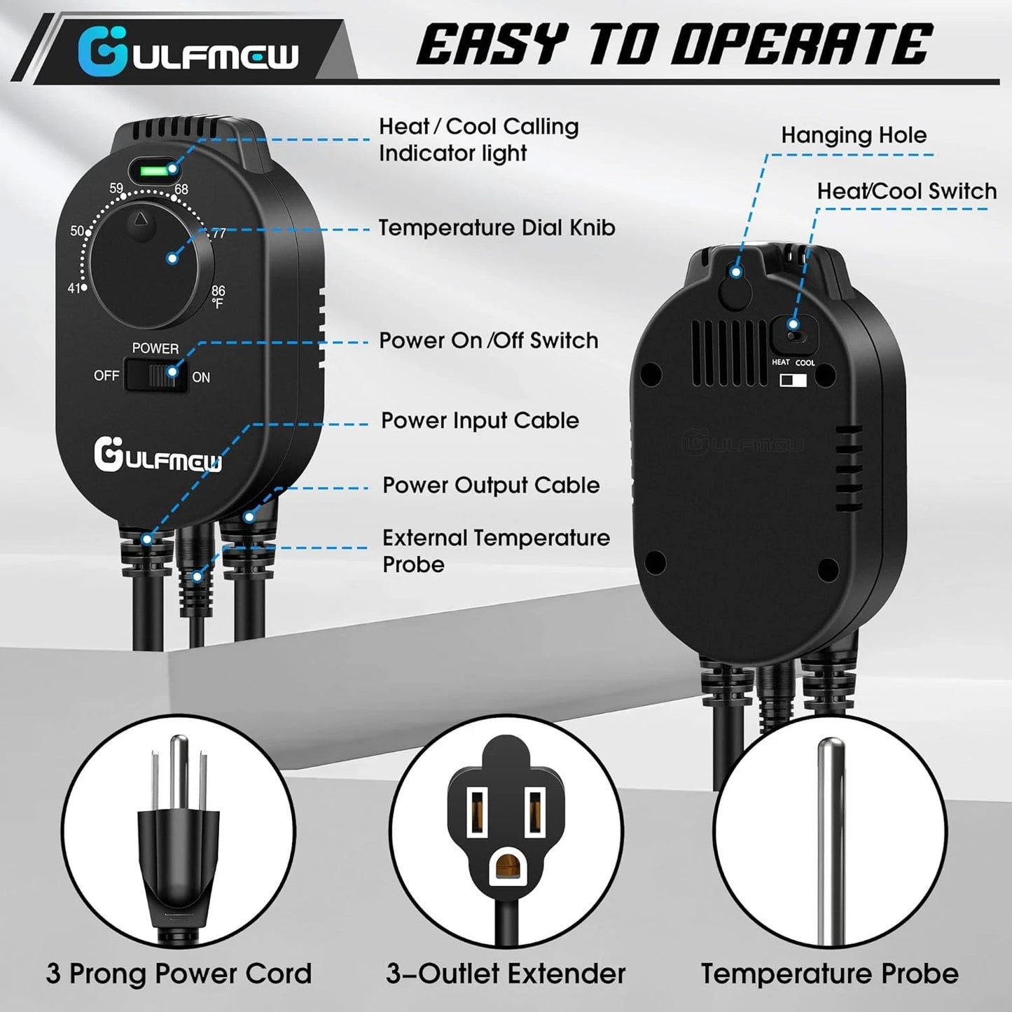 Thermostat Outlet for Heater, Temperature Controller with 4.9FT Black