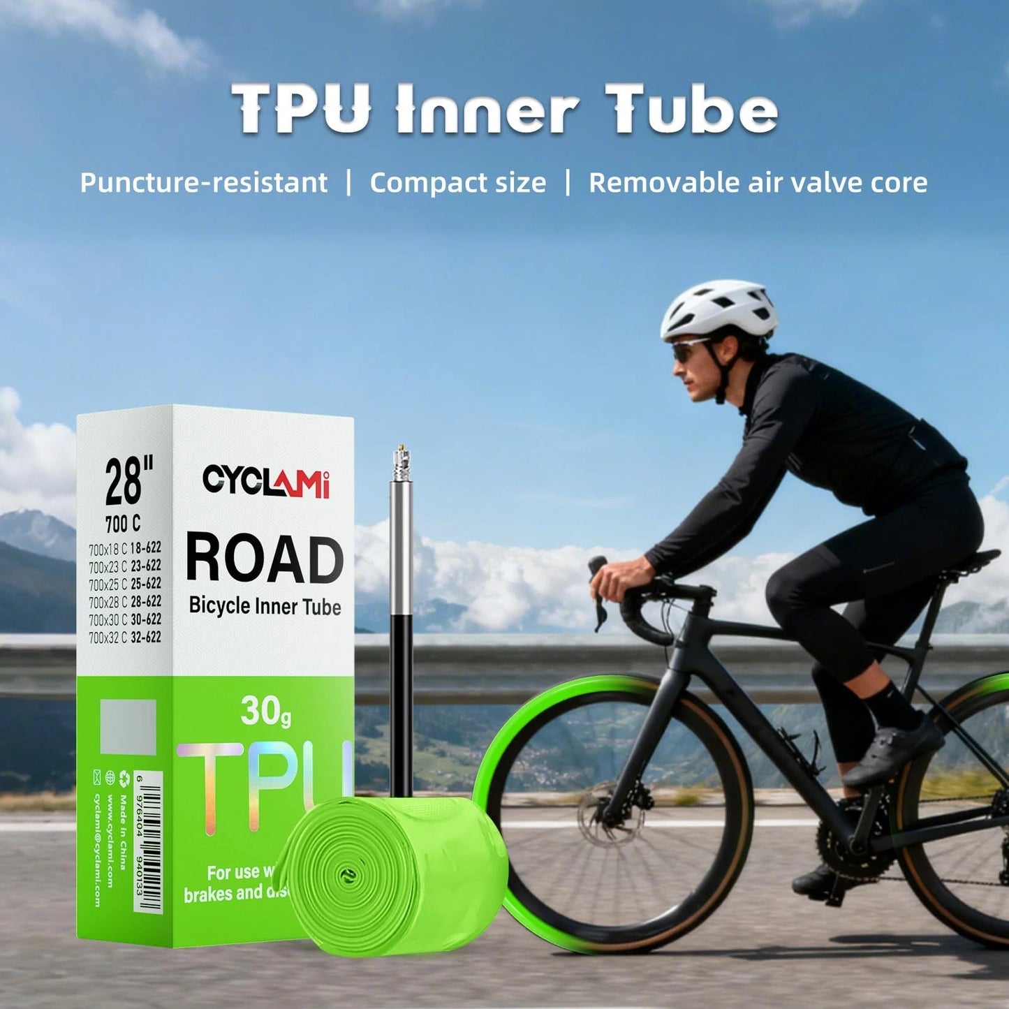 CYCLAMI 1-Pack TPU Inner Tubes 700cx18-32cInner Ultralight 700c, green