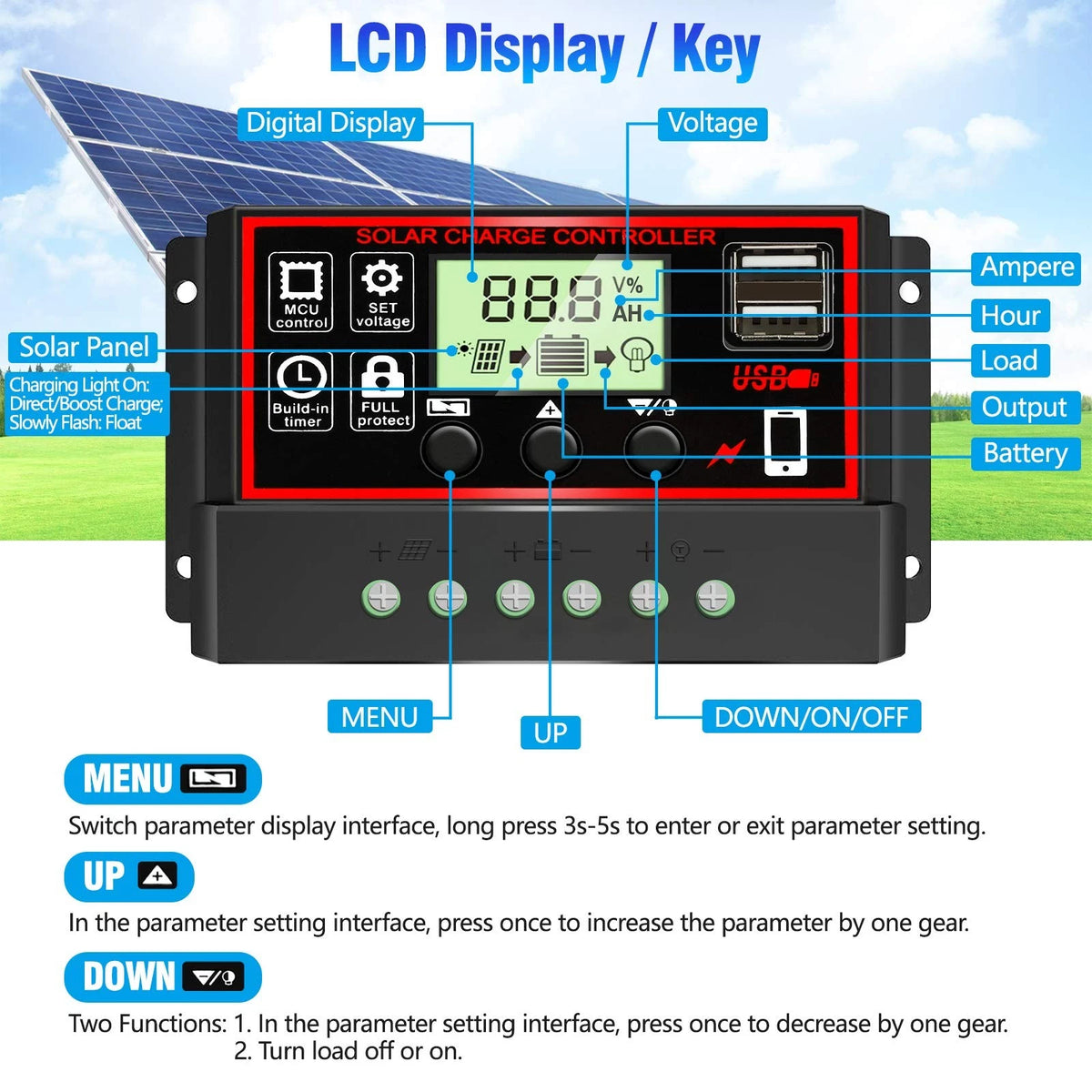 [Upgraded] 30A Solar Charge Controller, Black Panel 30A, red|black