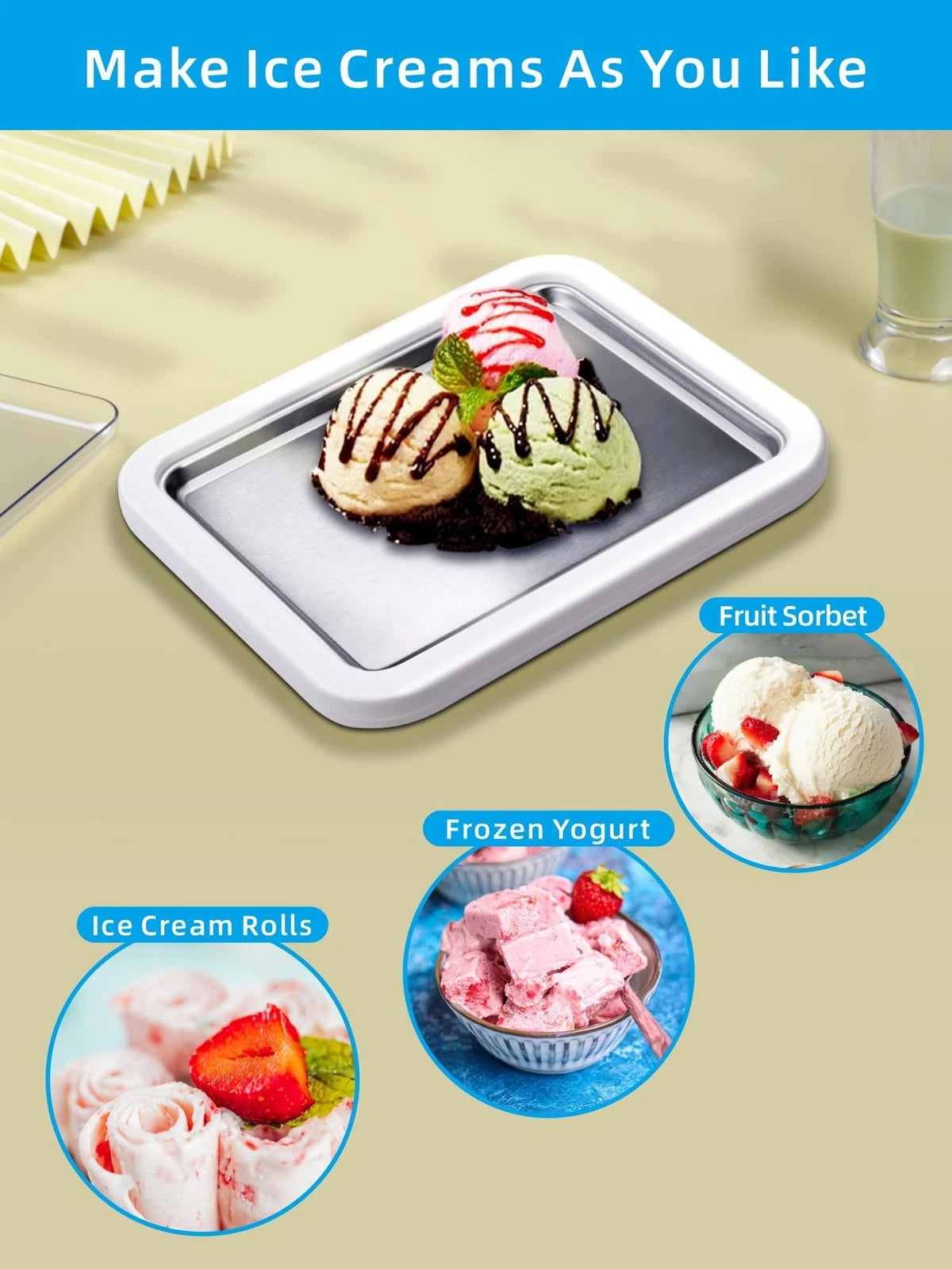 Rolled Ice Cream Maker with Lid, Instant Roller Tray Large, White