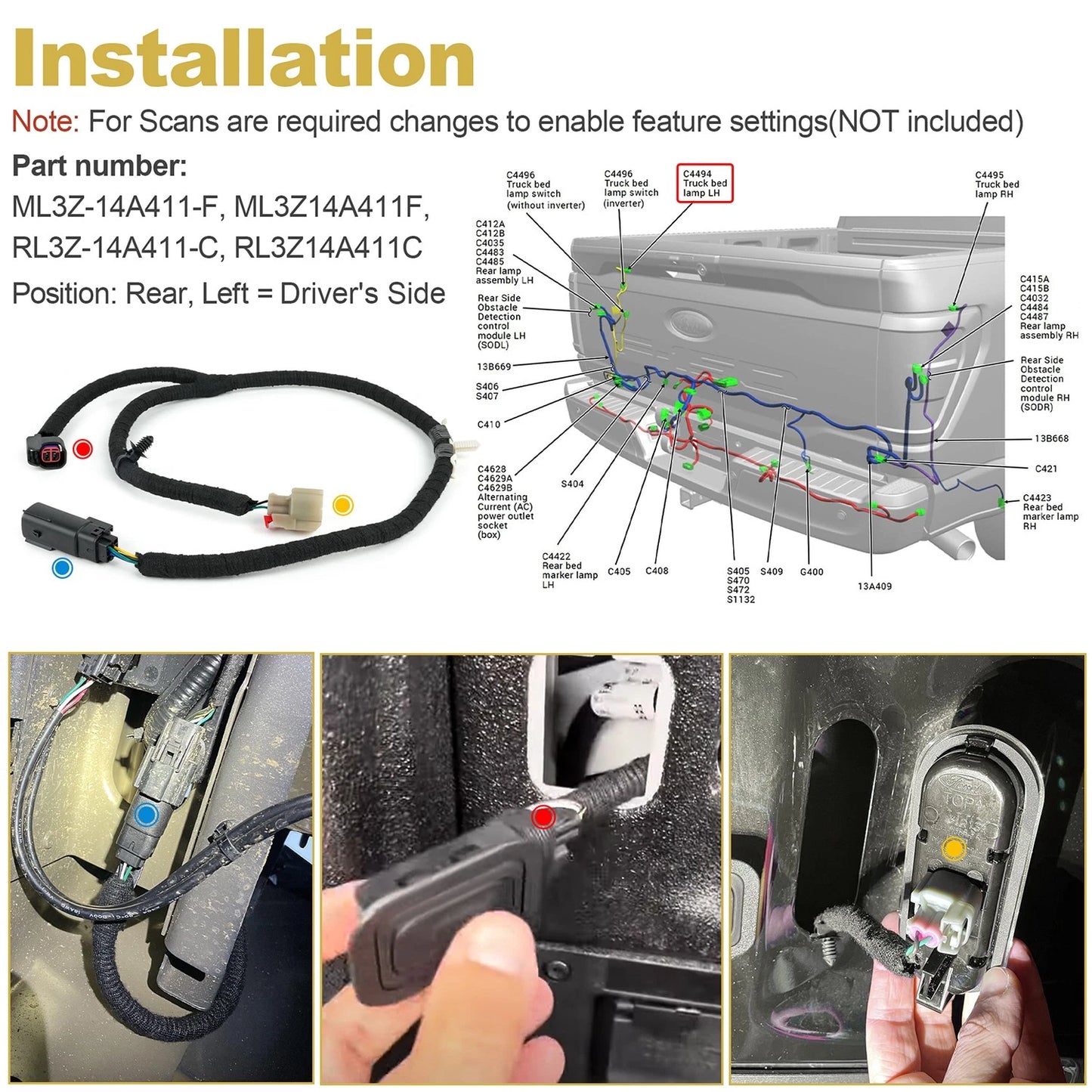 Truck Bed Light Jumper Harness For Ford F-150 2021-2025 ML3Z-14A411-F