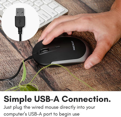 Macally Silent Wired Mouse - Slim & Compact USB Black with Space Gray Trim
