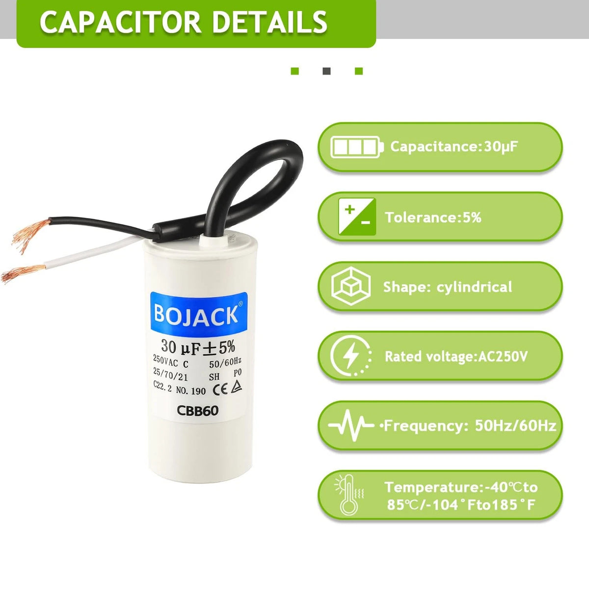 BOJACK Run Capacitor 30 uF MFD 250V AC 30 CBB60 2 Wire 50/60Hz Cylinder...