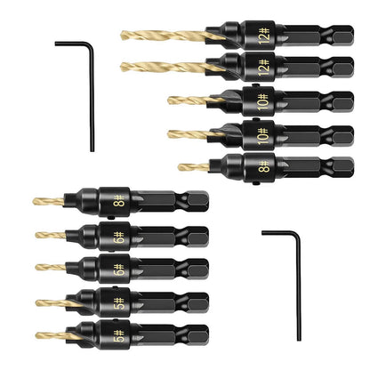 12-Piece Countersink Drill Bit Set One-Step Drill & Countersink, 1/4" Hex Shank