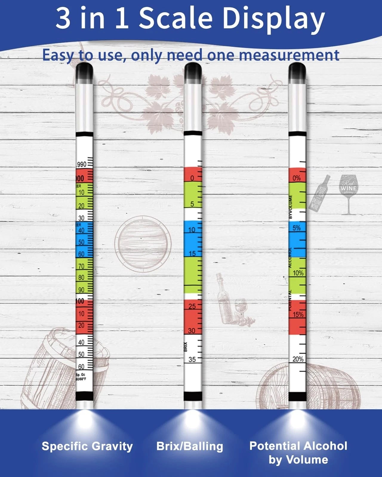 CIMALAB Triple Scale Hydrometer, Plastic Hydrometer with Glass Test Jar