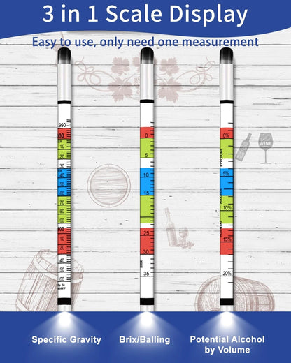 CIMALAB Triple Scale Hydrometer, Plastic Hydrometer with Glass Test Jar