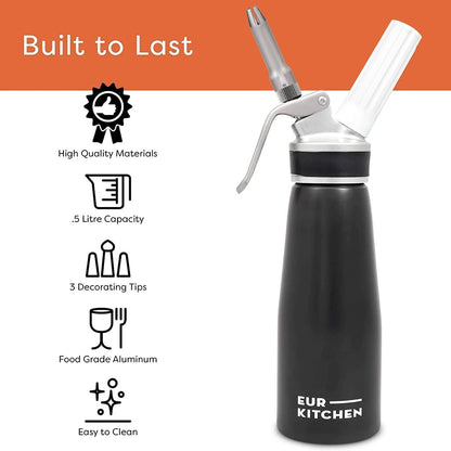 EurKitchen Professional Aluminum Whipped Cream Dispenser, Black