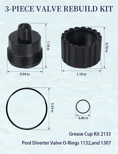 Gotorido 3 Piece Replacement Valve Rebuild Kit for 2-Port/3-Port Pool Black