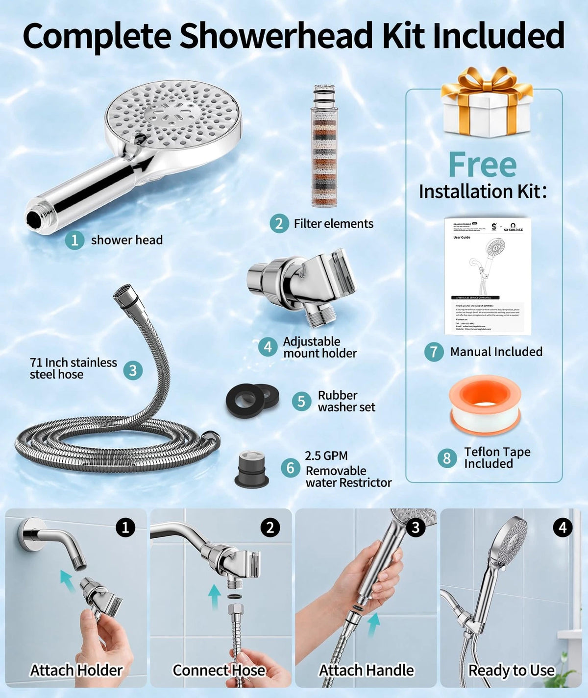 SR SUN RISE Filtered Shower Head with Handheld High Filter, Chrome 1 Filter