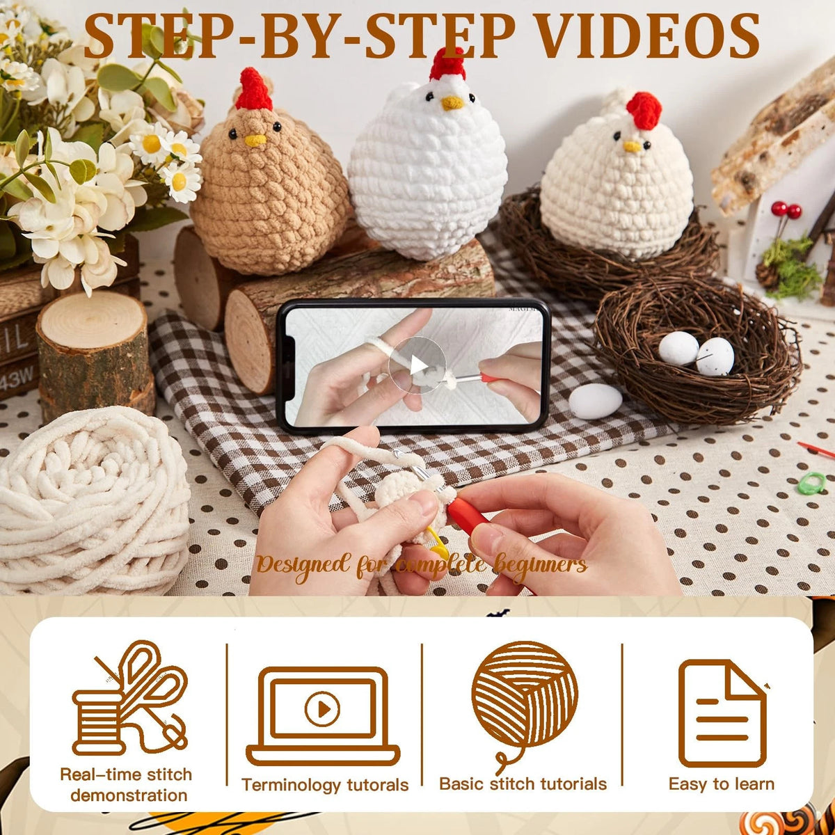 MAGIMUSE Crochet Kit for Beginners, 3 Pcs Chicken Small, 3