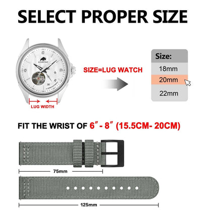 BISONSTRAP Men’s Nylon Watch Bands, Two-Piece 20mm, Grey (Black Buckle)