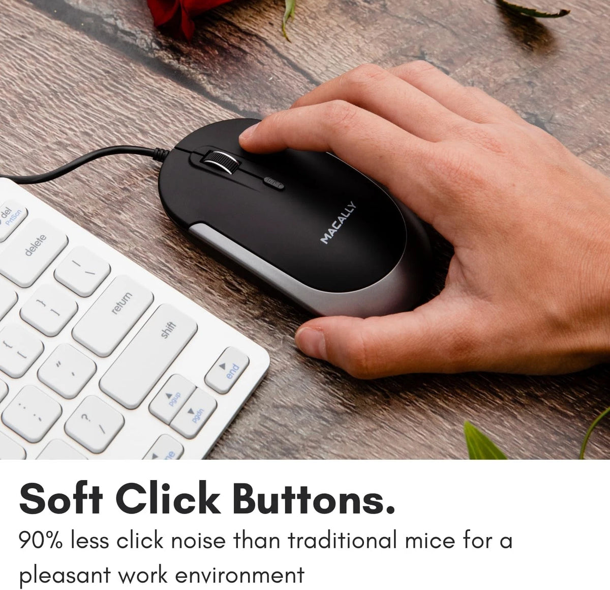 Macally Silent Wired Mouse - Slim & Compact USB Black with Space Gray Trim