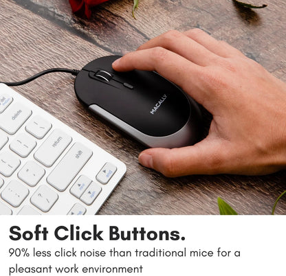 Macally Silent Wired Mouse - Slim & Compact USB Black with Space Gray Trim