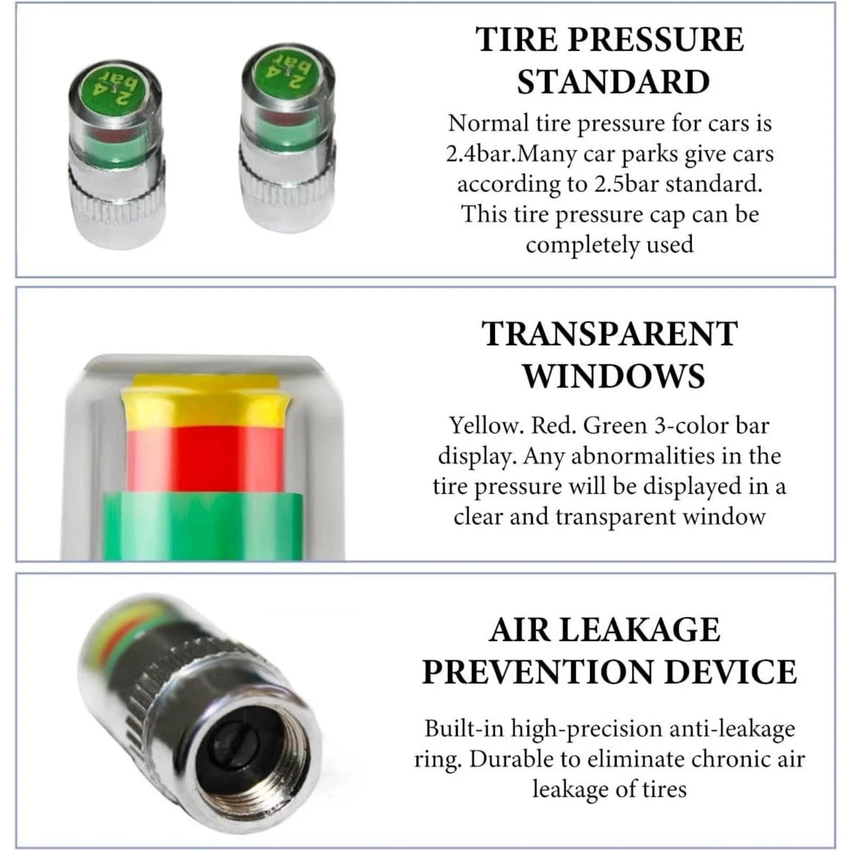 4 PCS Tire Pressure Monitor Valve Caps, 3 Color Visual Alarm Pressure Detectors