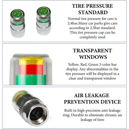 4 PCS Tire Pressure Monitor Valve Caps, 3 Color Visual Alarm Pressure Detectors