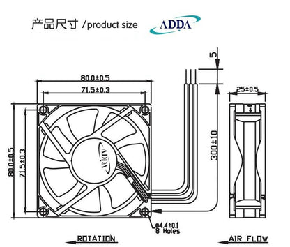 For ADDA AD0812XB-A73GL DC 12V 0.55A 3wire Ball 80*80*25mm CPU /Case cooling fan