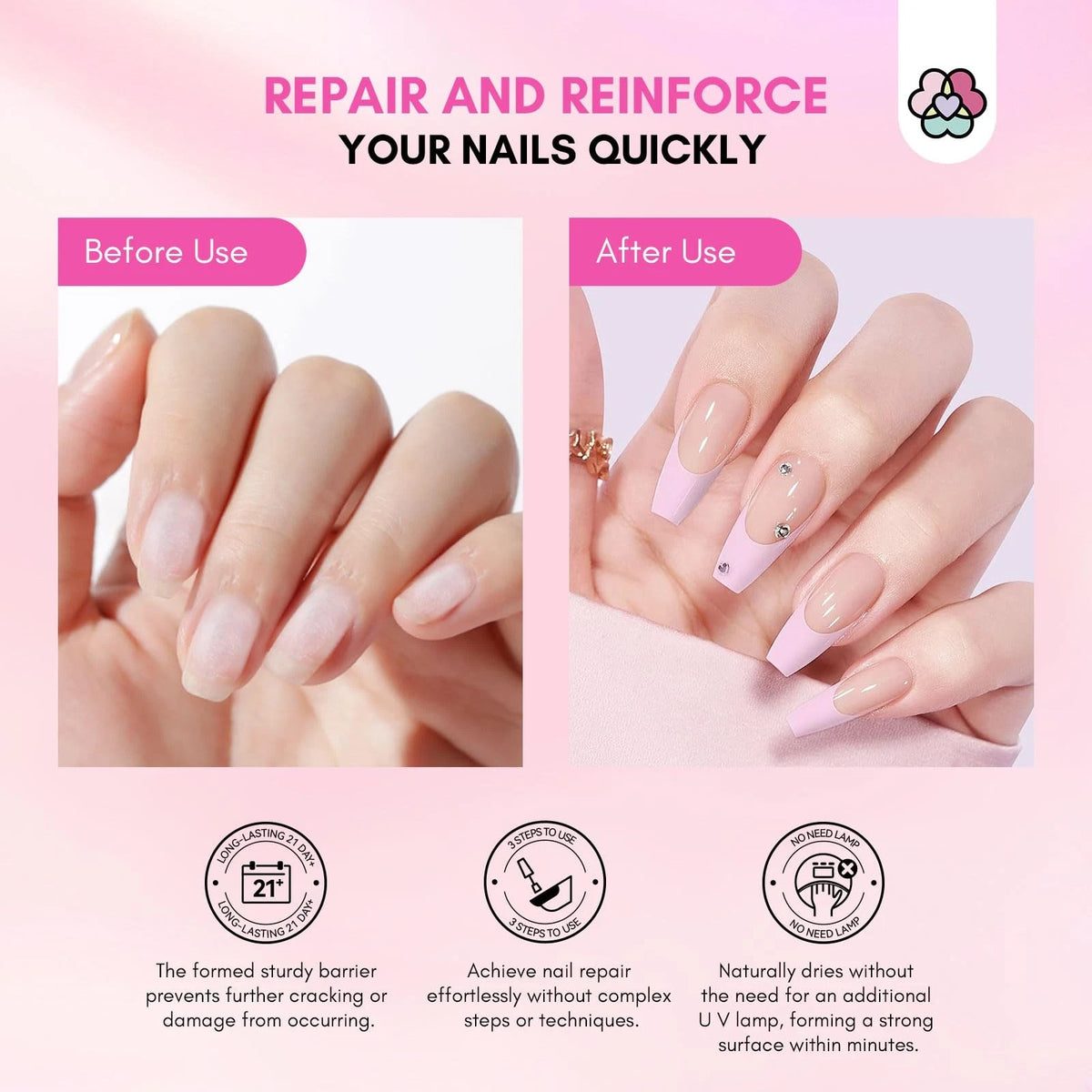 SAVILAND 60g Nail Repair Kit for Split Damaged Nails: 3 Mins 8PCS, Clear+Pink