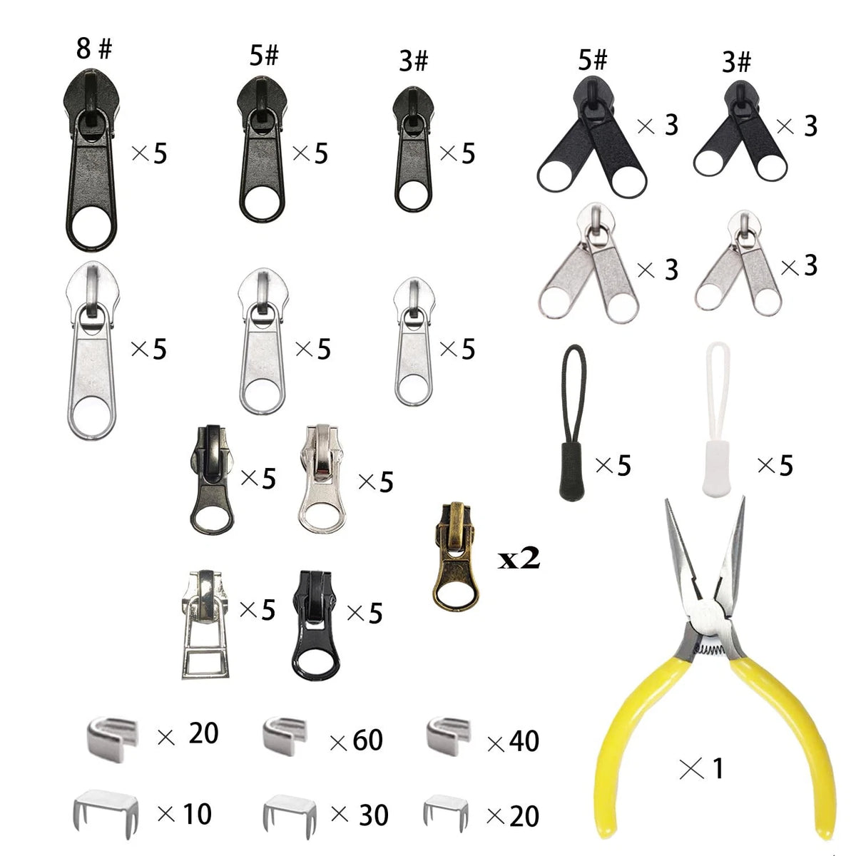 JOSDIOX 255 Pcs Zipper Repair Kit with 255 pieces, black silvery bronze white