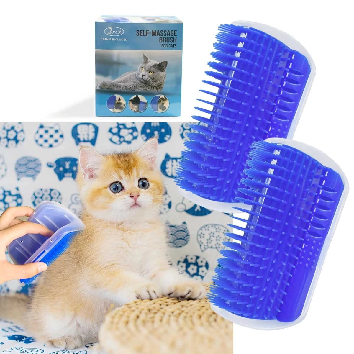 2 Pack Self Grooming Wall Brush for Cats and Dogs - Cat Groomer with Blue