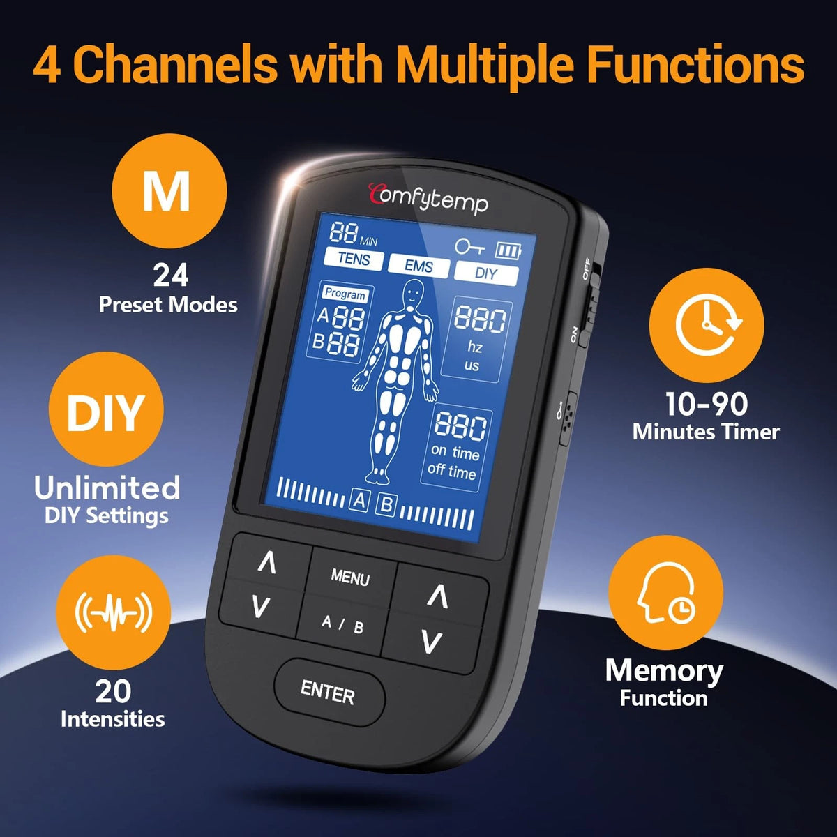 Comfytemp 4 Outputs TENS Unit for Sciatica Cover Multiple 4 Channels, Black