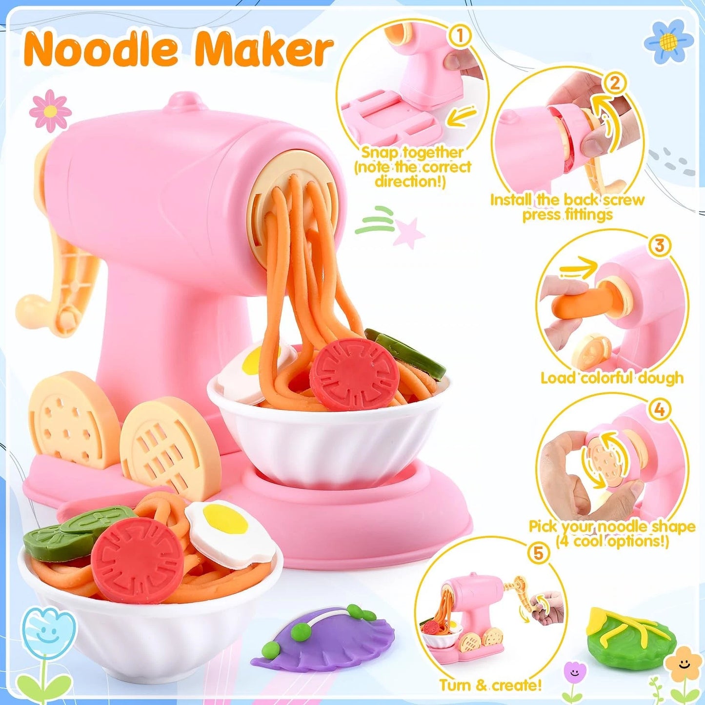 5-in-1 Color Dough Sets for Kids Ages 3+ DIY Food Maker Toys Set with 24 Pink