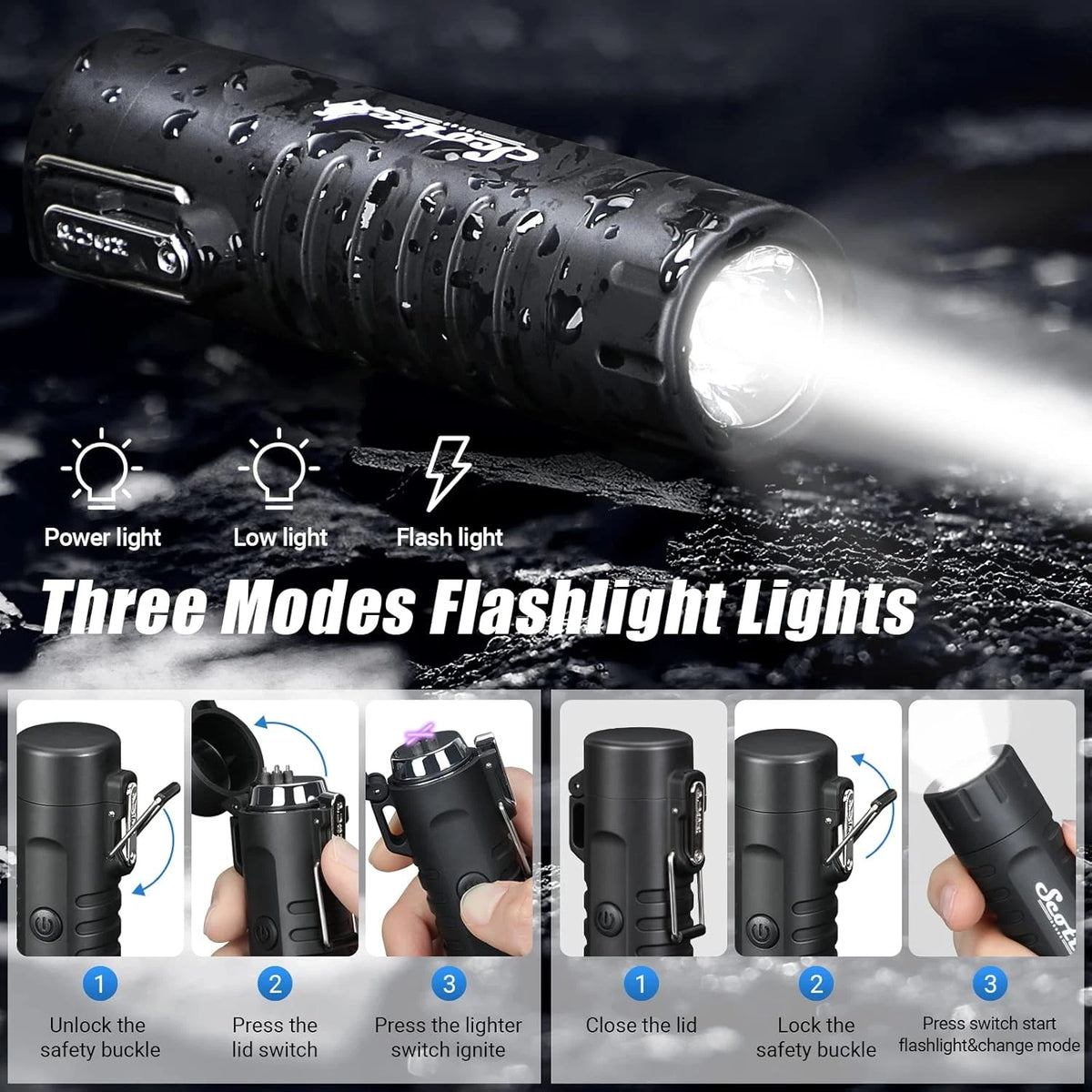 Scotte Plasma Windproof arc Lighter Electric and LED Flashlight Black