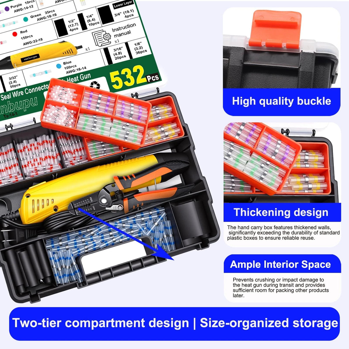 532PCS Heat Shrink Solder Seal Wire Connectors Kit with Mini Gun,