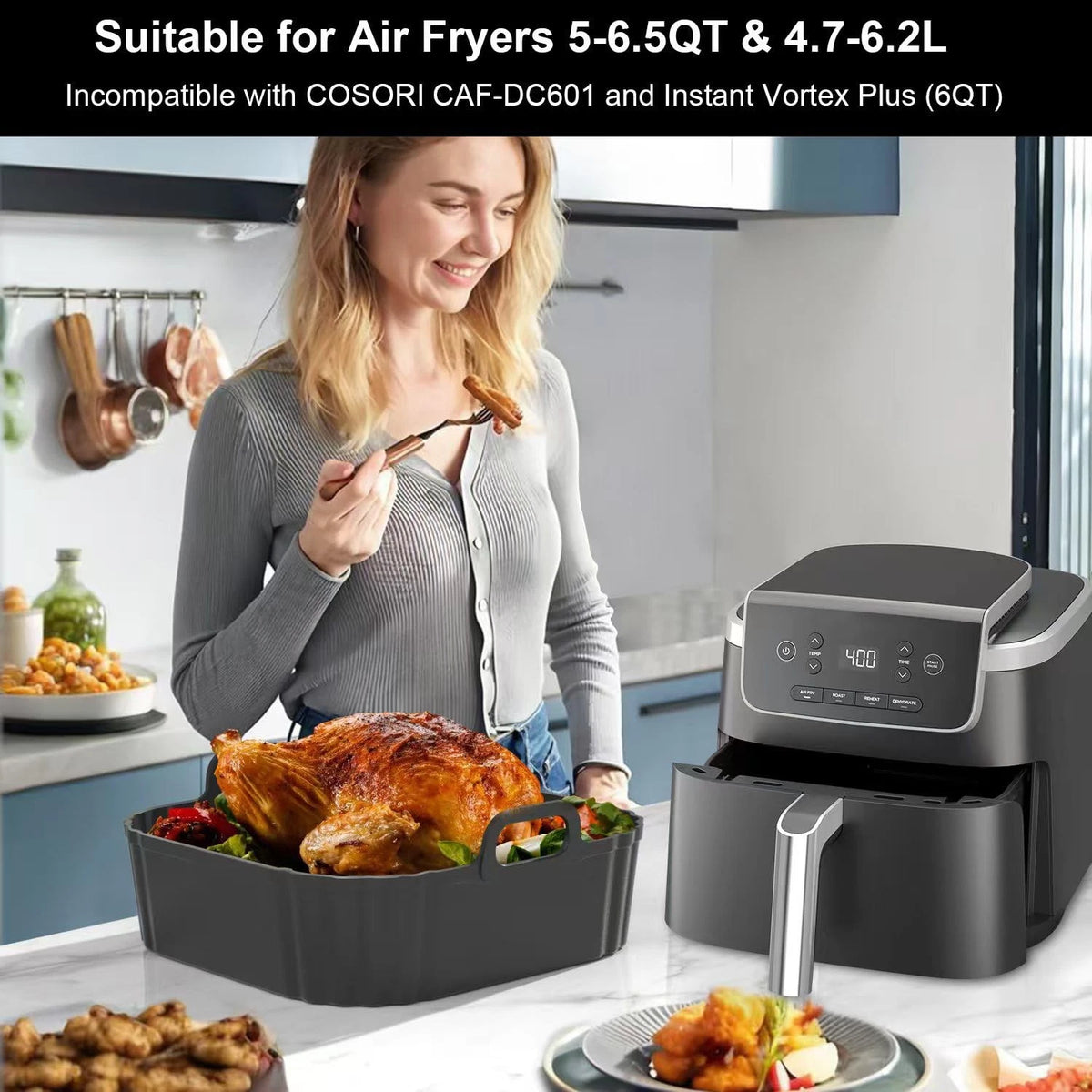 PINTAUR Square Silicone Air Fryer Liners 2 Pack, Compatible 5-6.5QT, Black