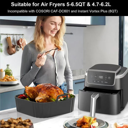 PINTAUR Square Silicone Air Fryer Liners 2 Pack, Compatible 5-6.5QT, Black