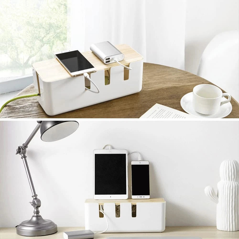 Cable Management Box by Baskiss, 12x5x4.5 inches, Wood Lid, Wire White