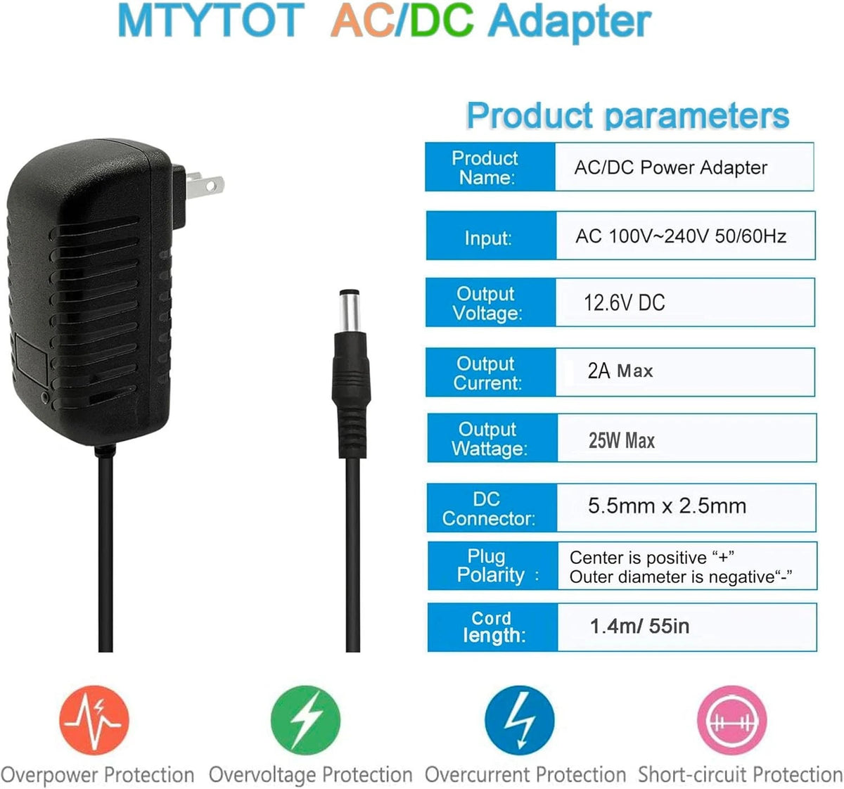 12.6V 2A AC/DC Adapter Wall Charger 100-240 AC to DC 12.6volt 2A, Black