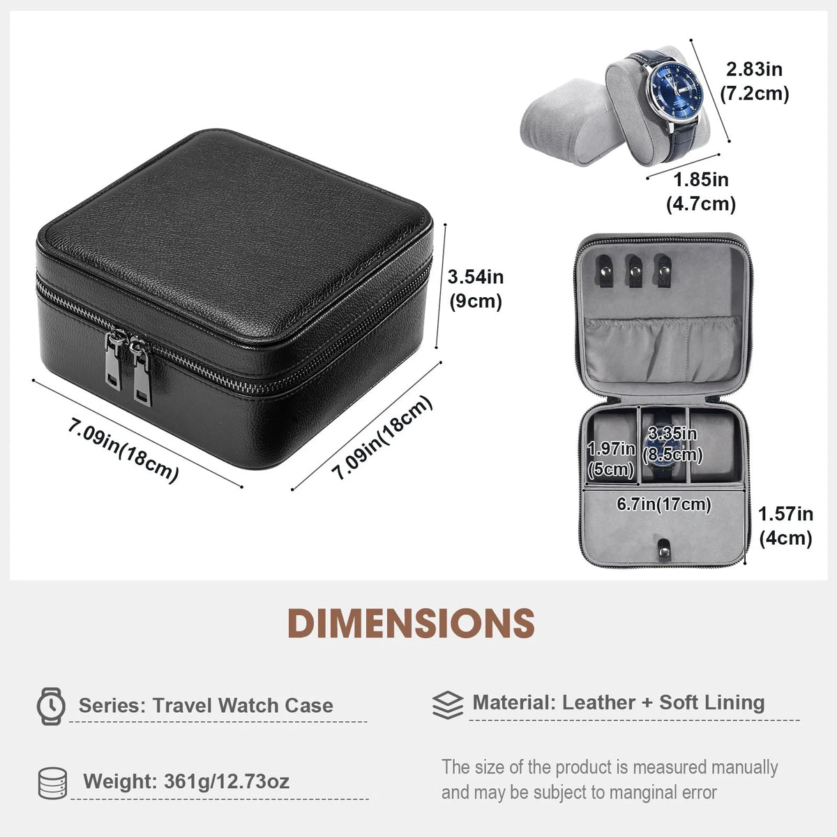 ProCase Travel Watch Case, 3 Slots PU Leather Mens Jewelry Box, 3-Slot, Black