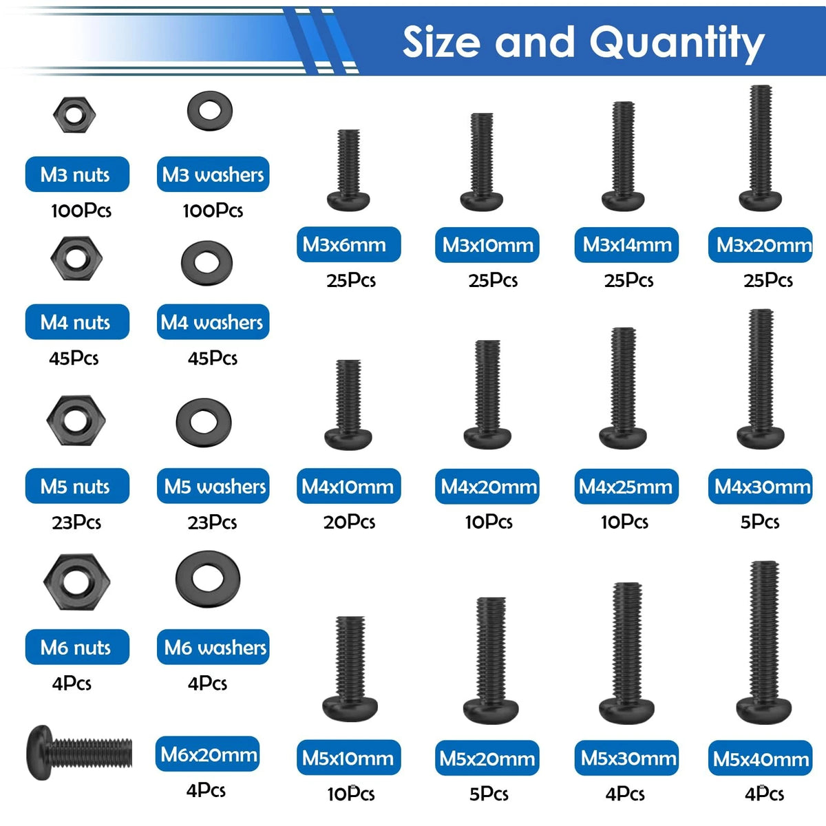 smseace 516Pcs Black Nuts and Bolts Assortment Kit M3-M6,