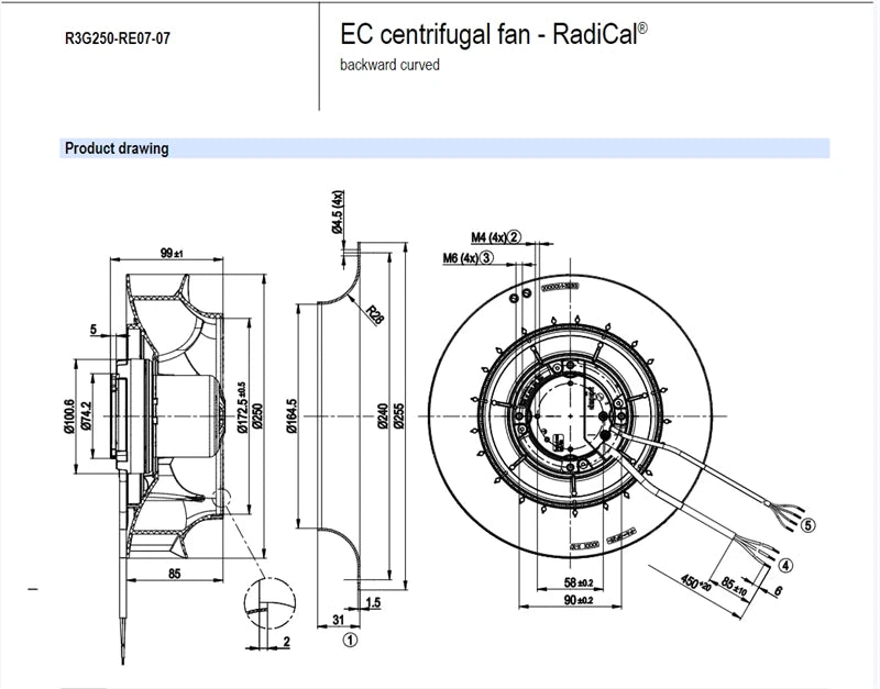 Ebmpapst R3G250-RE07-07 Cooling Fan 230VAC 170W 1.4A IP54 EC Centrifugal Fan
